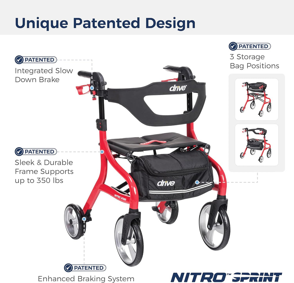 Drive Medical Nitro Sprint Foldable Rollator Walker with Seat, Standard Height Lightweight Rollator with Large Wheels, Folding Rolling Walker, Walker Rollator with Seat
