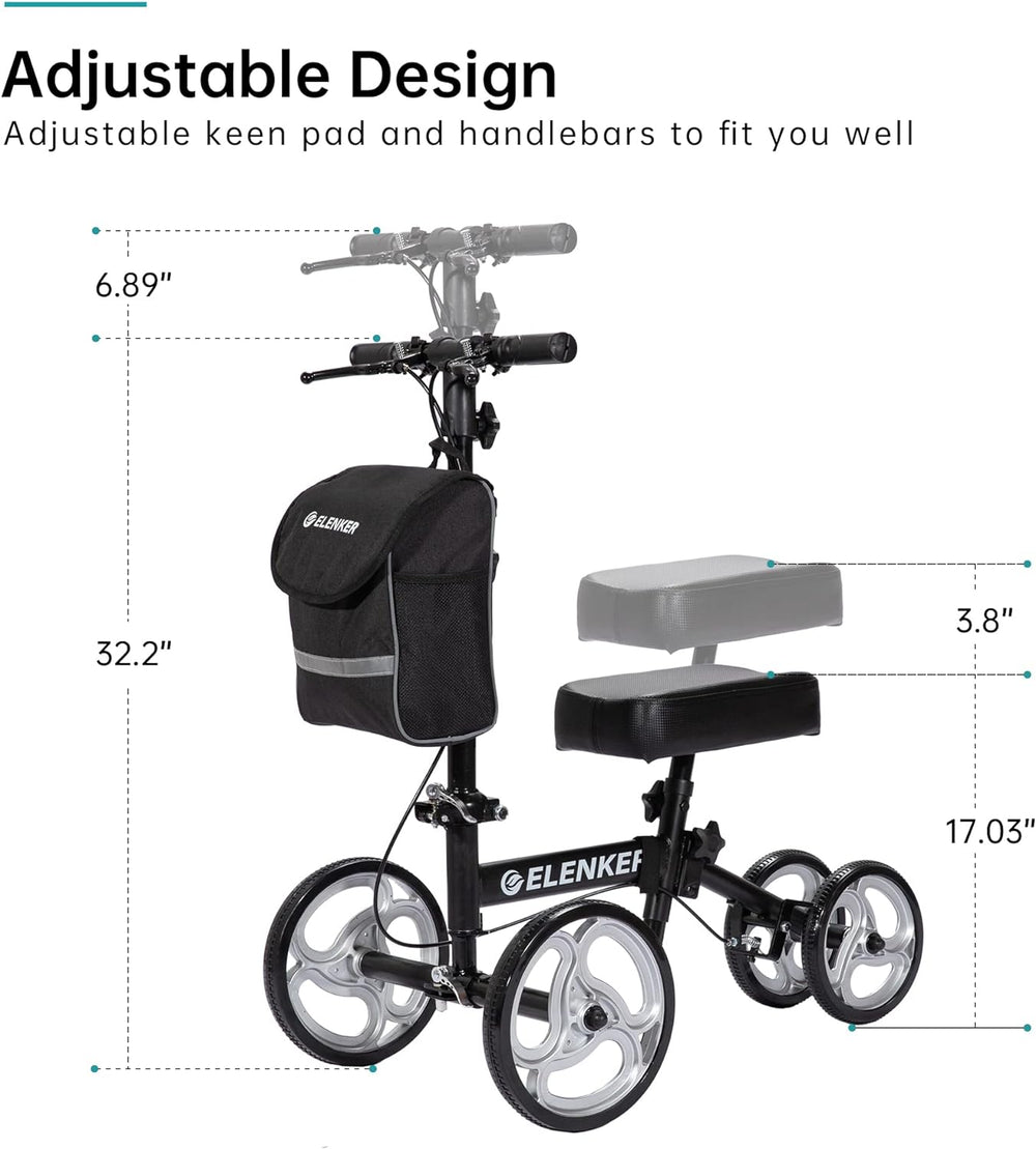 ELENKER Steerable Knee Walker with 10" Front Wheels Deluxe Medical Scooter for Foot Injuries Compact Crutches Alternative Black
