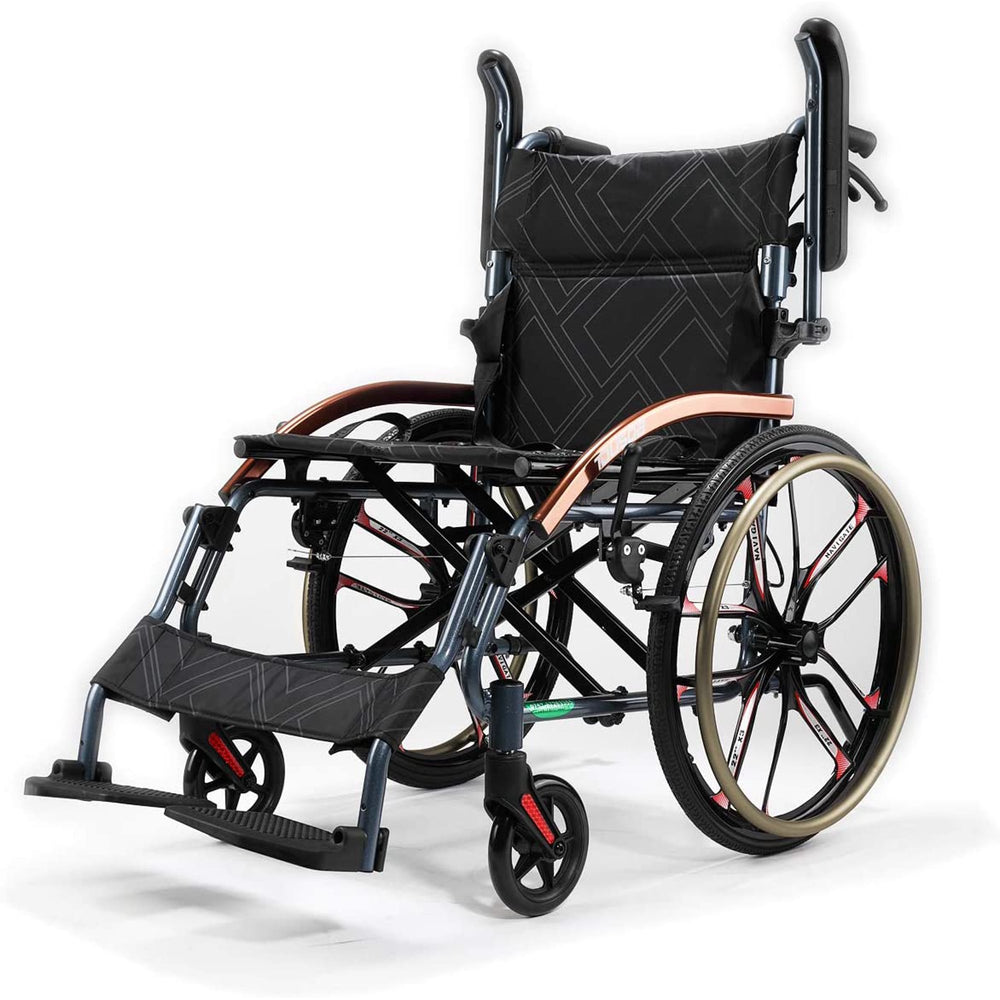 Hi-Fortune Magnesium Lightweight Foldable Wheelchair 21lbs Self-propelled Chair with Travel Bag and Cushion, Portable & Folding, Anti-Tipper Swing-Away Footrests, 17.5” Seat, Weight Capacity 220 lbs