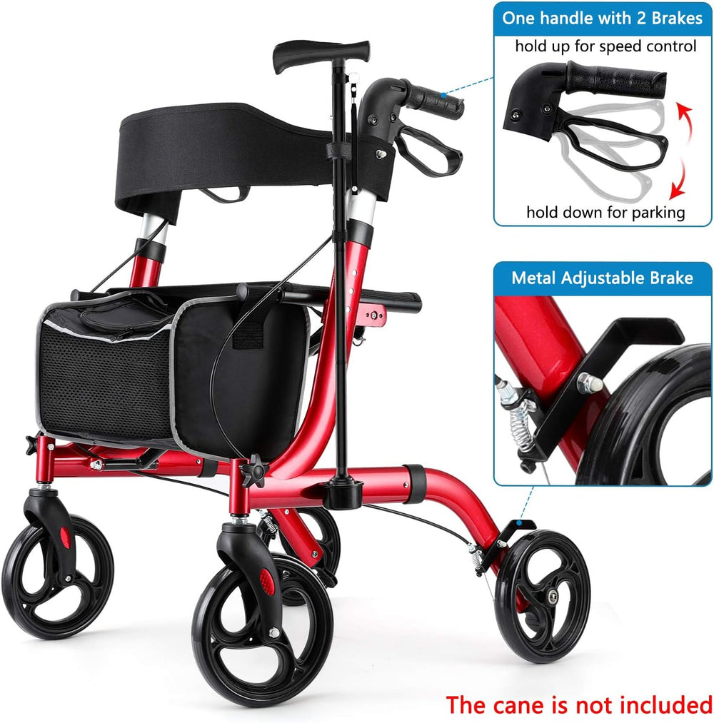 Healconnex Rollator Walkers for Seniors-Folding Rollator Walker with Seat and Four 8-inch Wheels-Medical Rollator Walker with Comfort Handles and Thick Backrest-Lightweight Aluminium Frame Available in (RED ONLY)