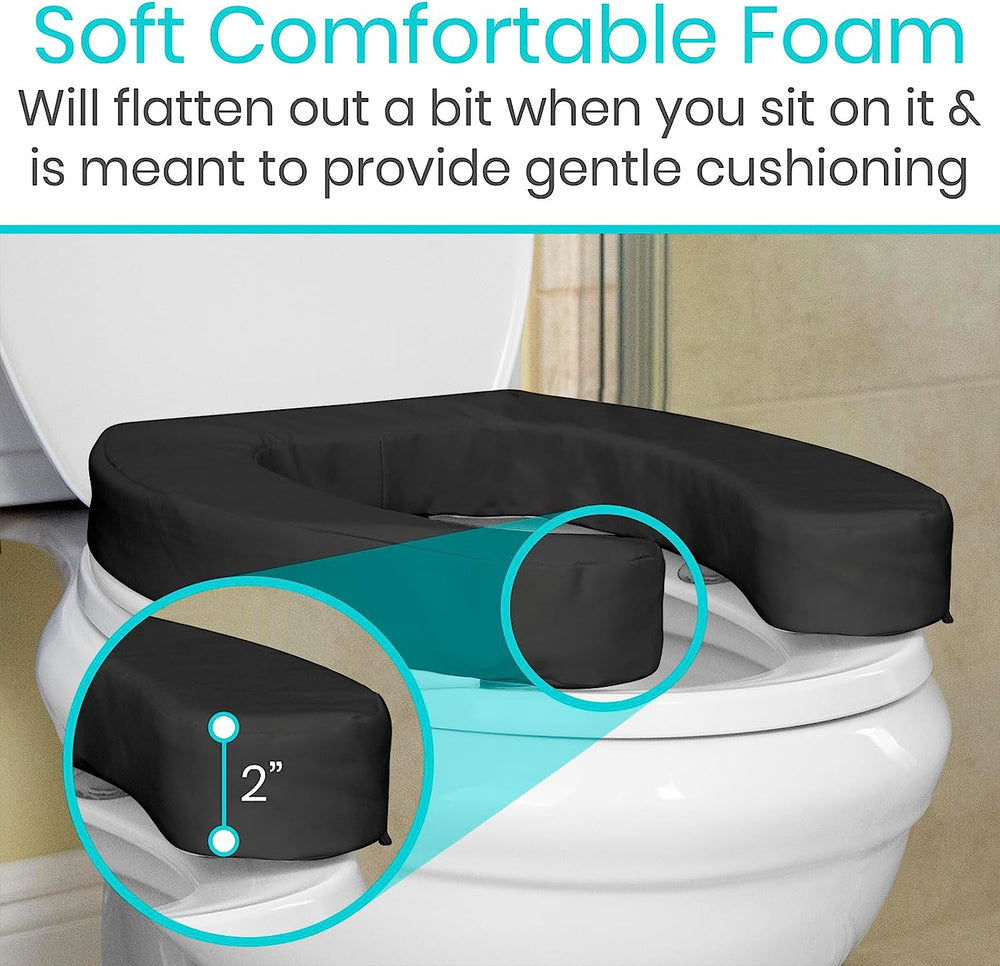 Vive Toilet Seat Cushion (Soft Cushioned Foam) - Easy Clean Padded Bathroom Attachment - Elongated, Standard Seats - Comfort Support Donut for Adults, Coccyx Tailbone Pain Relief (2" Cushioned Foam)