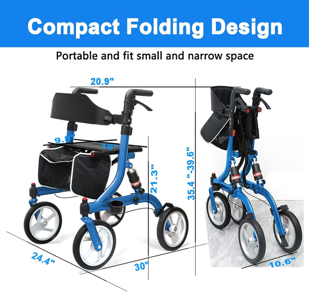 Vocic Rollator Walkers for Seniors-Folding Rollator with Seat and 10-inch All Terrain Wheels-Medical Rollator Walker Aluminium Frame with Suspension Spring and Thick Seat-Lightweight,Blue